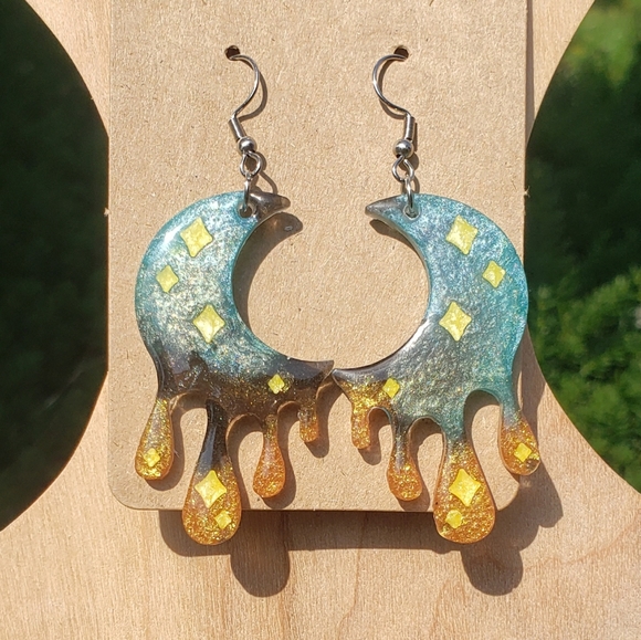 Dripping Moon Earrings/ Cresent/ Resin/ Handmade/ Stainless Steel Hooks 🌙 - Picture 4 of 4